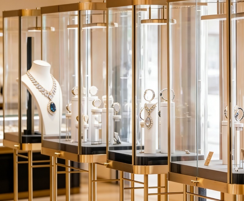 Luxury Freestanding Gold Jewelry Display Cabinet LED Lighting Customizable Design for Commercial Jewelry Store Displays Malls