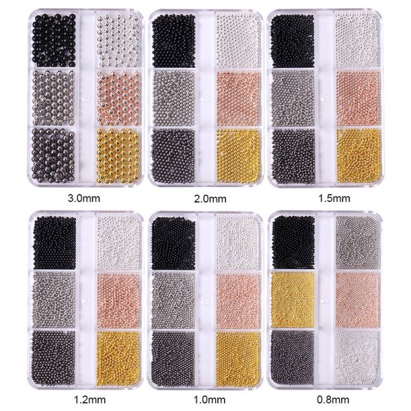 Steel Balls 3D Nail Art Decorations 6 Grid Mixed Metal Round Bead Nail Charms in Bulk