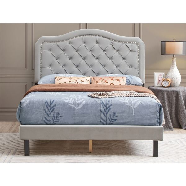 Upholstered Bed Button Tufted with Curve Design-Strong Wood Slat Support-Easy Assembly -Velvet- Platform bed- Queen size