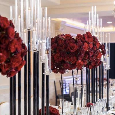 Gráfico de candelabro de cristal preto de caule longo para peça central de casamento