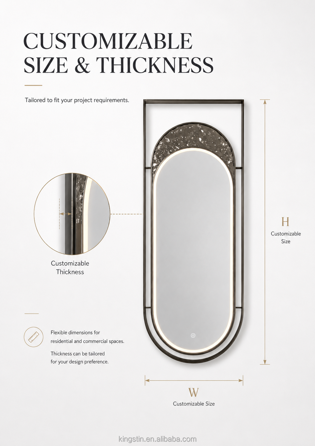 Kingstin Hanging LED Bathroom Mirror, Oval Backlit Vanity Mirror with Water Ripple Design, Customizable Size, Defogger