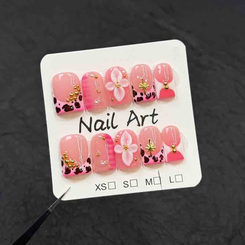 Wholesale Medium Square Handmade Fake Nails Pink Leopard Print 3D Floral Decor