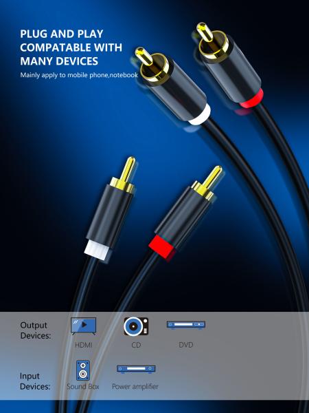 2RCA Male To 2RCA Male Gold Plated Audio Cable , Black 6 Ft 3.5 Mm Audio Cable