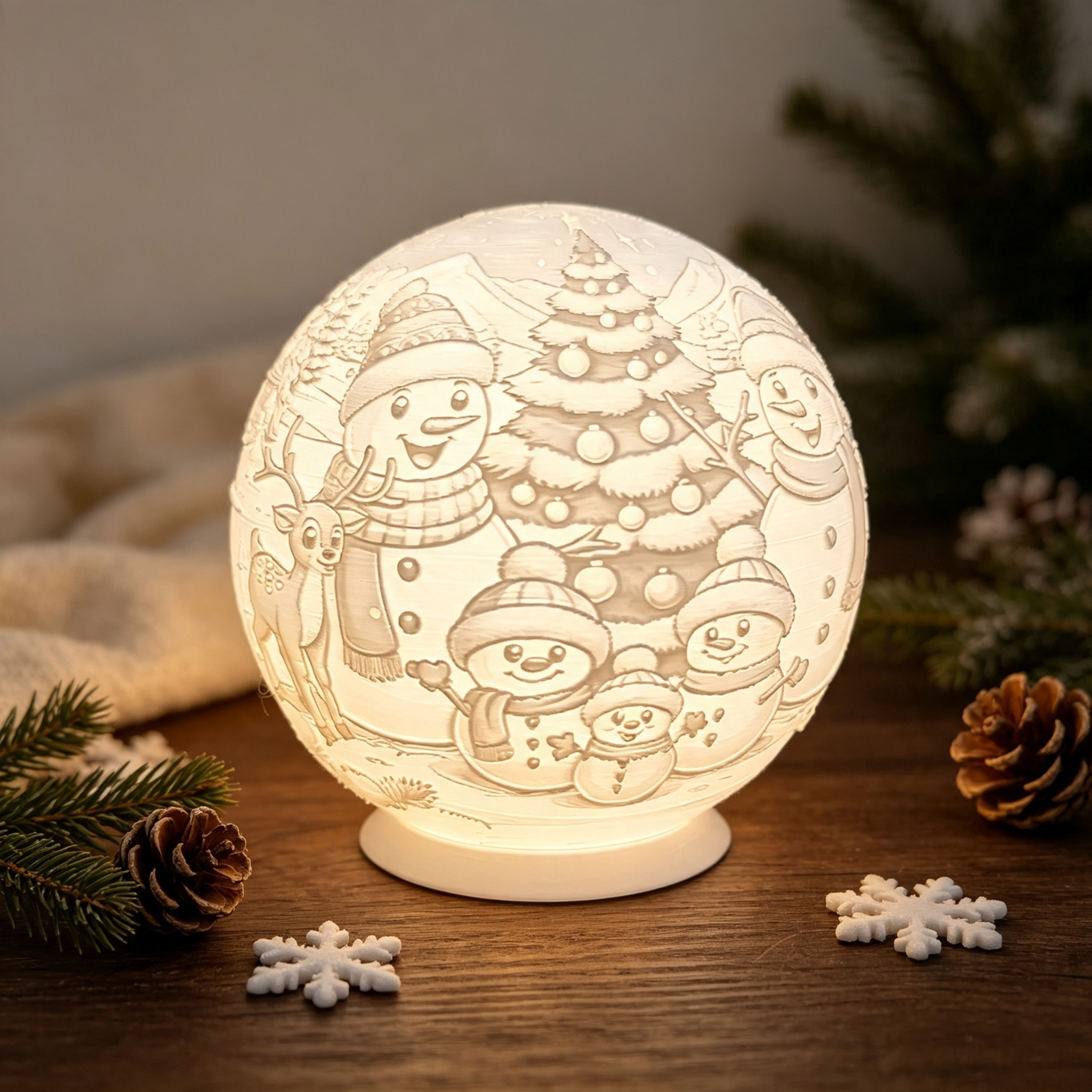 Christmas Snowman Relief Sphere Lamp 3D Printed Art Ornament for Holiday Table Decoration
