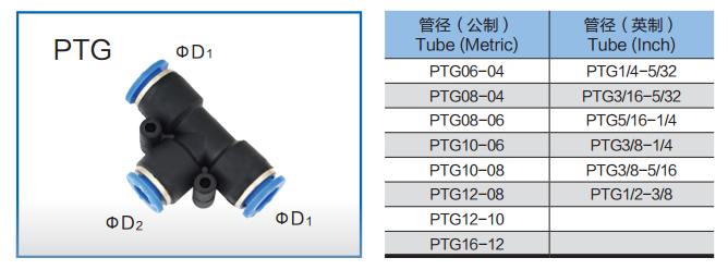 PTG Three Way Die - down Thread Tee Plastic Self - Lock Pneuamtic Fitting
