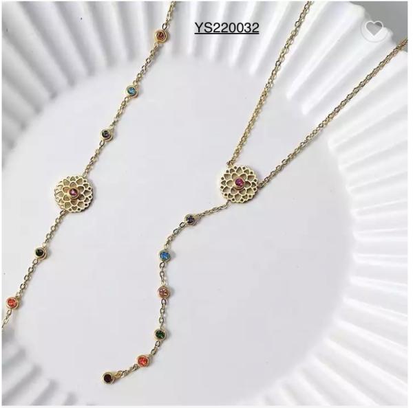 18k Stainless Steel Jewelry Set Hollow Color Crystal Pendant Necklace Bracelet Set
