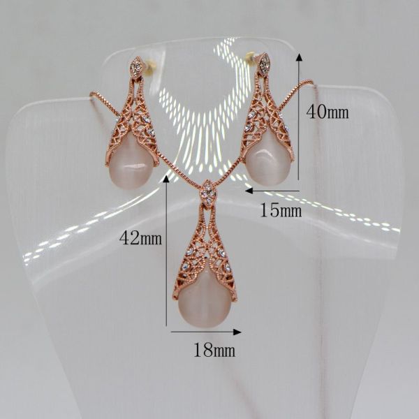 Trendy Hollow out opals Necklace pendant Earrings Rhinestone Jewelry Set 18K Rose Gold