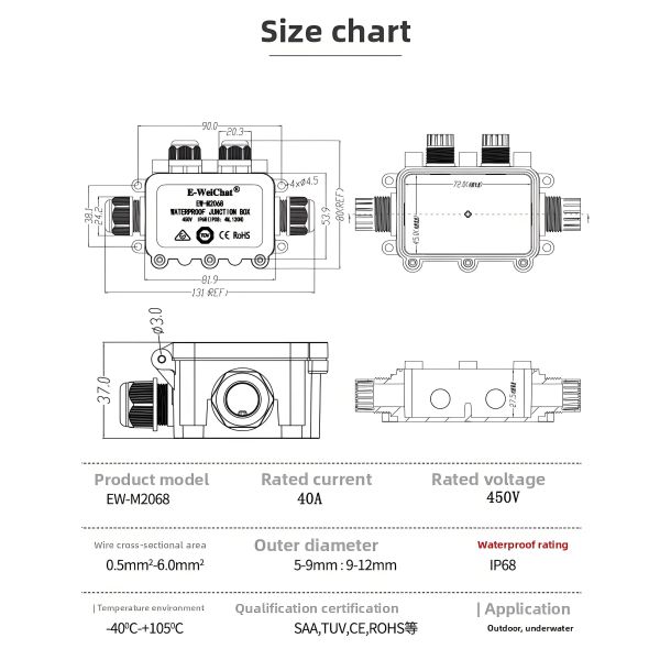Waterproof Junction Box 1In3Out IP68 Rated Die-Cast Aluminum Direct Through-Wire