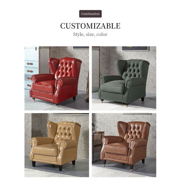 Nidea #8895 Traditional Genuine Leather Wing Back High Back Ergonomic Chaise Longue Chair for Bedroom and Living Room