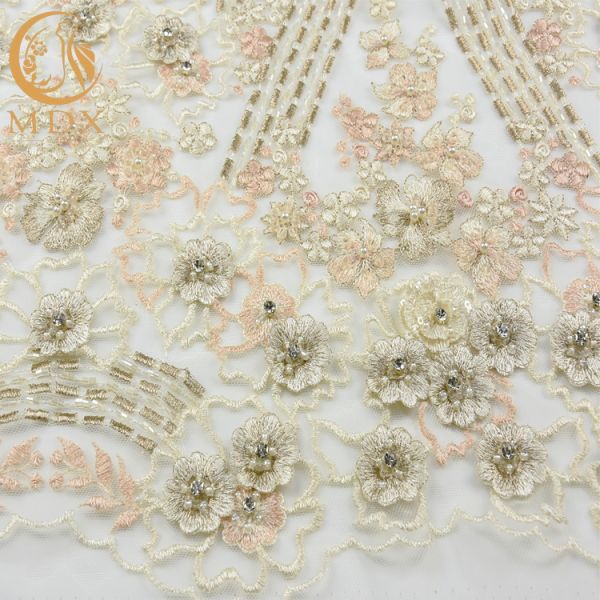 Ткань идеального нейлона ткани Handmade 80% шнурка Applique 3D роскошная вышитая бисером