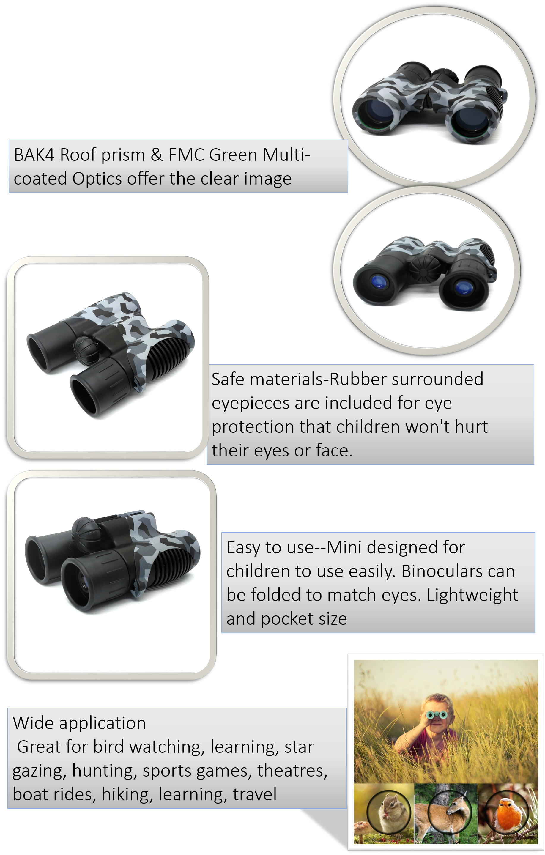 Prismatic 8x21 Kids Binoculars , Kid Tough Binoculars For Outdoor Explore