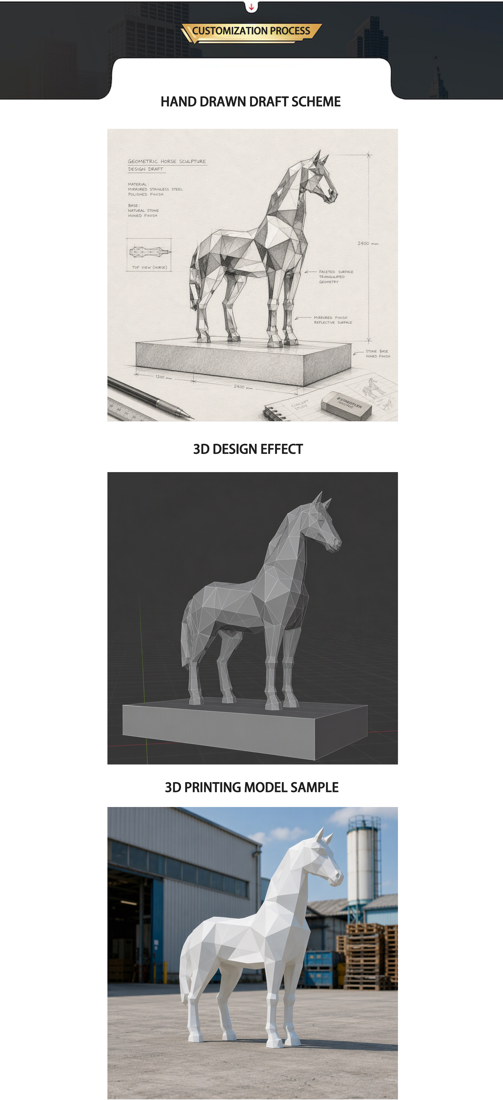 Large Mirror Stainless Steel Geometric Faceted Horse Sculpture for Corporate Plaza & Office Building Landscape