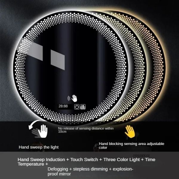 Simple flameproof Led Smart Touch Screen Anti-fog Round Sensor Mirror with Light(WH-MR-101)
