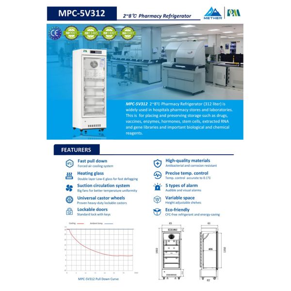 холодильники фармации 312L Promed специально конструированы для того чтобы хранить медицины, вакцины, правители и биомедицинские продукты.