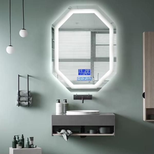 Smart Octagon Bathroom Mirror , LED Illuminated Bathroom Mirror With Digital Time / Temperature Display