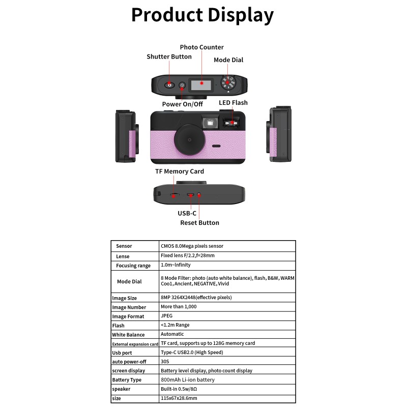 Mini Retro Screenless Digital Point and Shoot Photo Camera Screen-free 8 Mode Filters 8MP Photo LED Flash Camping Snap Camera