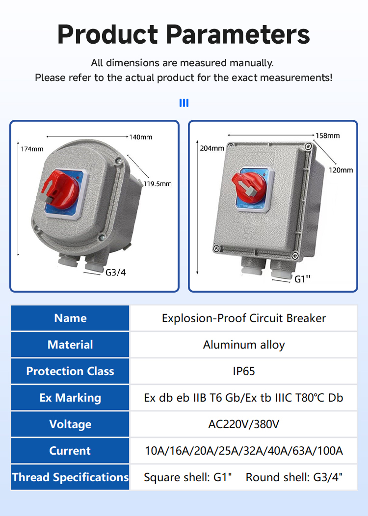 Square Double Pole Explosion-Proof Circuit Breaker IP65 Ex Db Eb Iib T6 6ka Surface Mount AC220/380V Industrial Use

