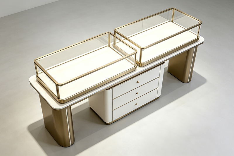 Luxury Dual Glass Jewelry Showcase Counter with Champagne Gold Metal Frame and LED Illumination