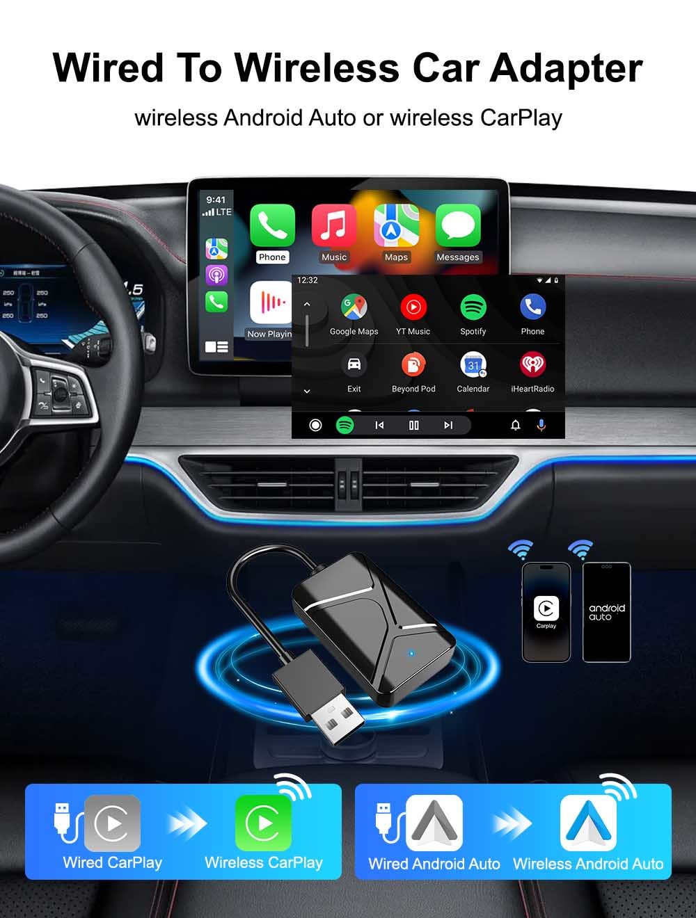 Bluetooth Wireless Android Auto Dongle Carplay USB Adapter WiFi5 802.11 OEM