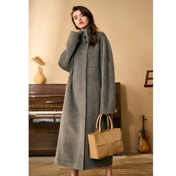                  Winter Mongolian Cashmere Overcoat Luxury Ladies Long Alpaca Wool Trench Coat Women 100% Wool Cashmere Handmade Coat for Women             