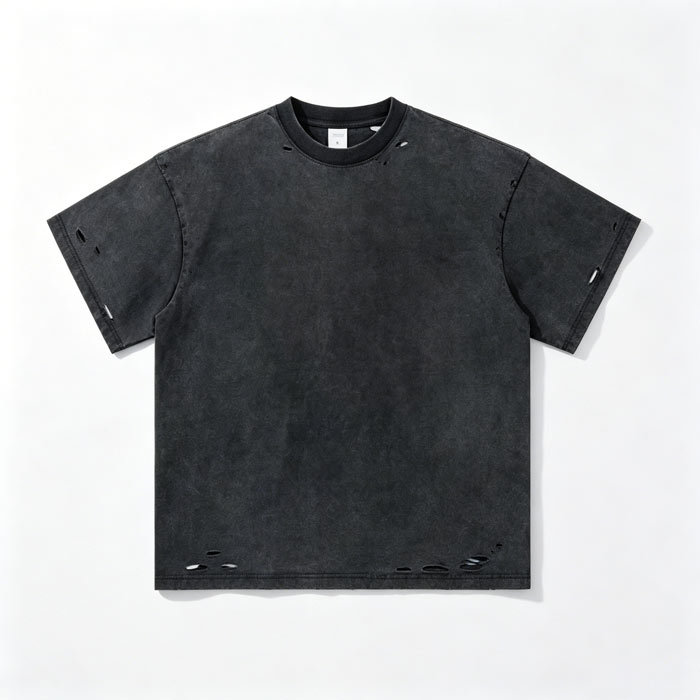 Ripped Wash Basic Crew Neck Tee Grunge Loose Fit T Shirt 275GSM