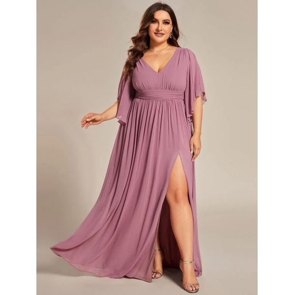 Plus Size A-line Half Sleeves V-neck Ruffled High Slit Purple Orchid Chiffon Evening Dress