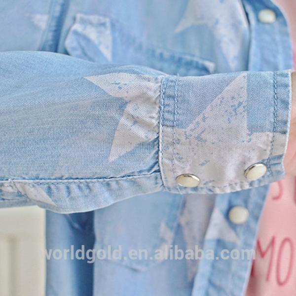 Women Casual Long Sleeve Washed T Shirt With Snap Button & Star Print