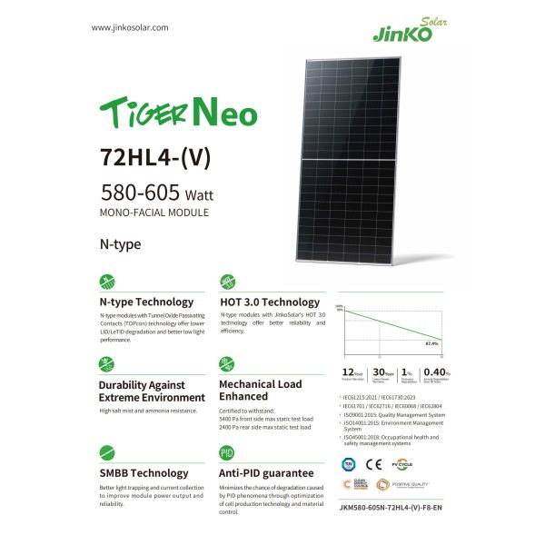 144 Cells Solar Panel Jinko Solar JKM580-605N-72HL4- V 580W-605W Monofacial N-TYPE