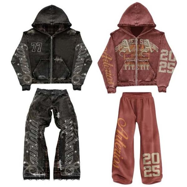 Manufacturer Custom Rhinestone Acid Wash Streetwear Tracksuit High Quality Sweatsuit Plaid Flared Sweatpants and Hoodie Sets