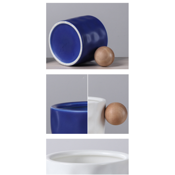 Custom Logo Creative Blue Ceramic Mug With Wooden Handle Samples Offered