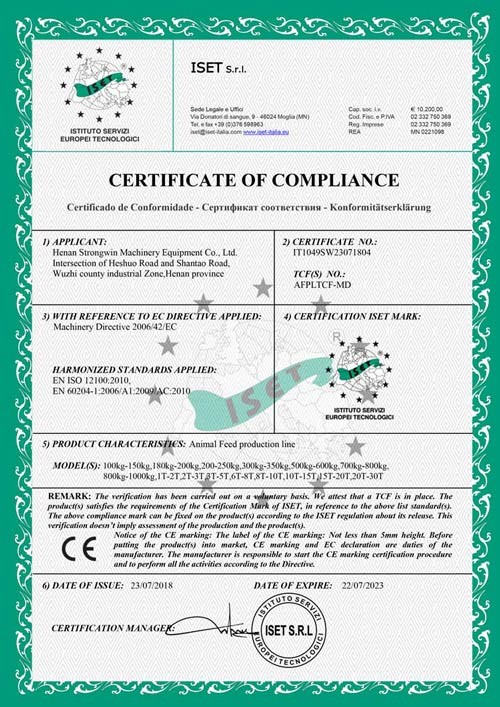Henan Strongwin Machinery Equipment Co., Ltd. Сертификации