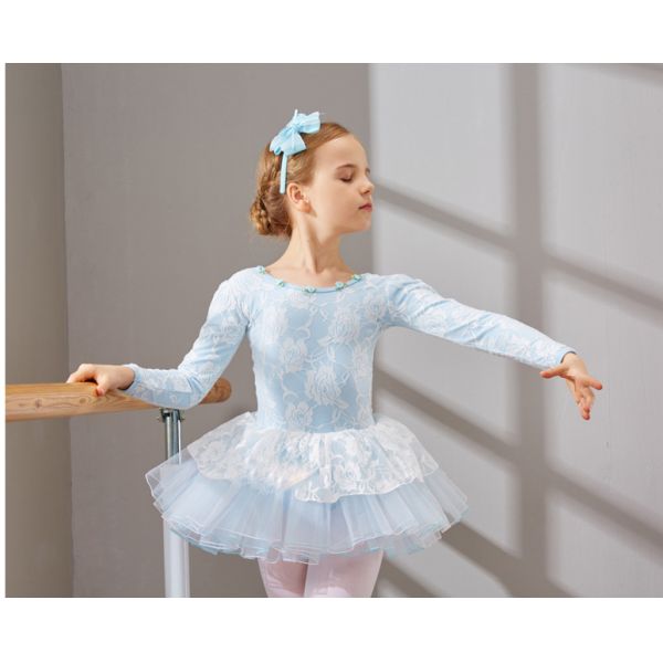 Children's lace ballet dance leotard dress with little flowers around the collar and butterfly knot on the back