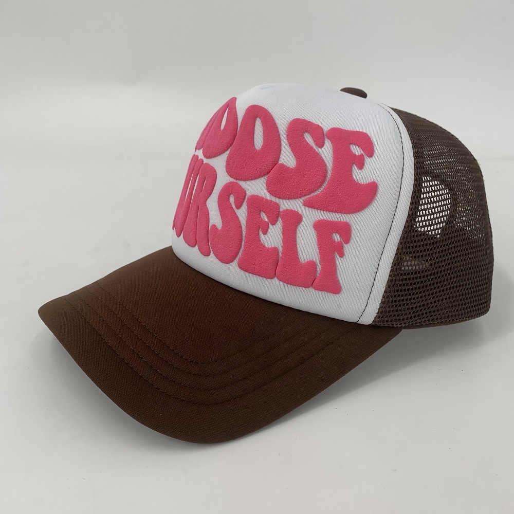 5 Panel 100% Polyester Mesh Trucker Hat Two Tone Custom logo 3d Puff Printing