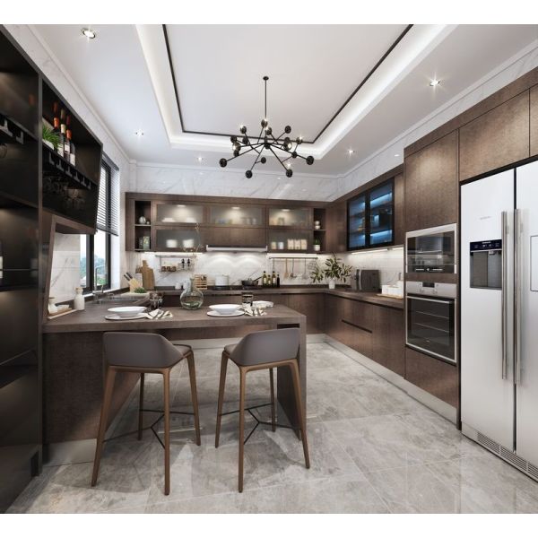 Modern U-Shaped Stainless Steel Kitchen Cabinets With Sleek Stone Grain Design