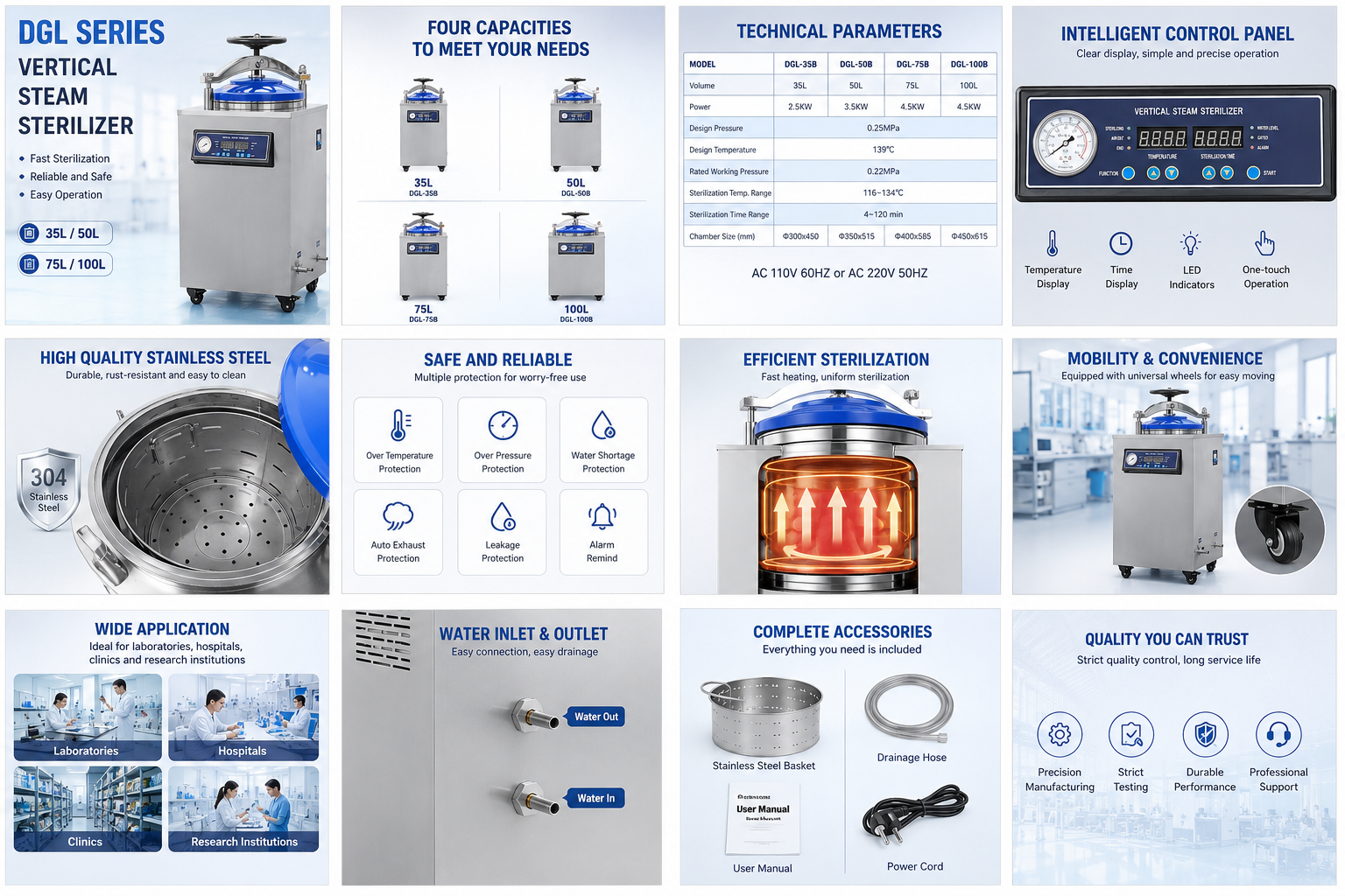 Cenlee Sample Preparation Lab Vertical Steam Sterilizer 116-134°C Microcomputer Control Stainless Steel Laboratory Autoclave