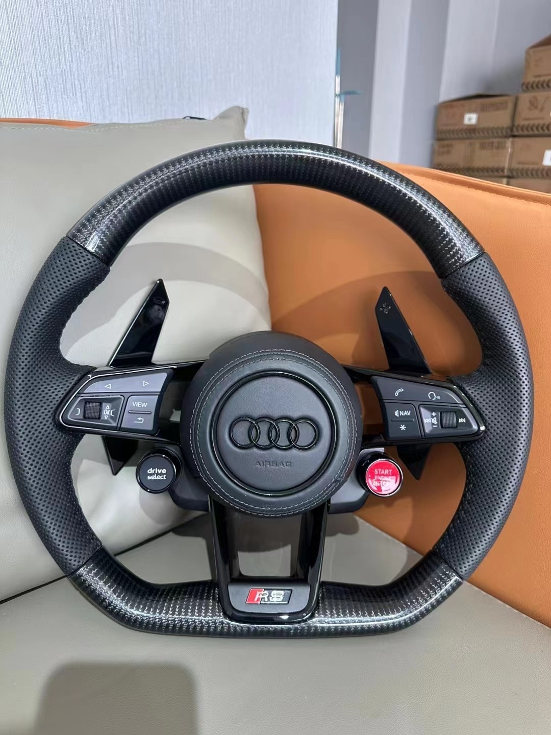 55cm Diameter True Carbon Fiber and Genuine Leather Steering Wheel for Audi R8 Full Series
