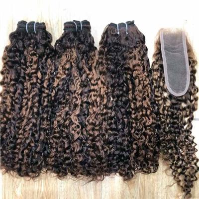 12A Super Double Drawn Highlight Pissy Curl Raw Human Hair Bundle Vendedores com 2x6 Kim K fechamento