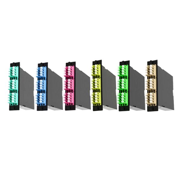 LC Quad Multi Mode 24 Fiber MTP MPO Cassettes 6 Ports Fully Loaded Aqua Blue