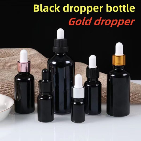 10ml 20ml 30ml 50ml empty round Essential Oil Bottle Shiny Black Glass Dropper Bottle with Calibrated Glass Piegette