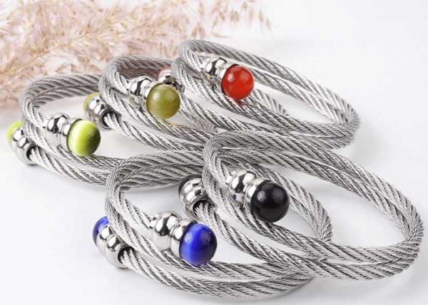 Powder crystal stone bracelet stainless steel wire elastic twisted wire fine steel rope three-ring bracelet