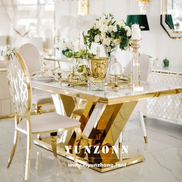Luxury Gold Dining Table with White Marble Top OEM Furniture for Hotel Restaurant for Banquets Living Room Use Metal Material