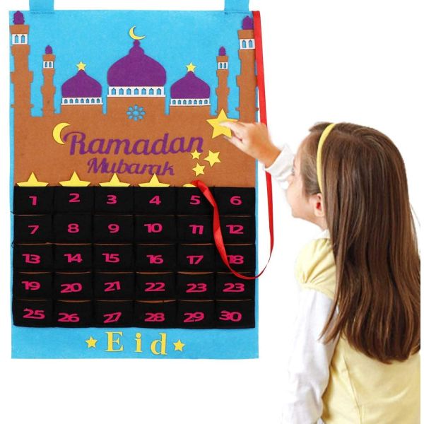 Wall Hanging Felt Holiday Decorations 30 Days Countdown Eid Mubarak Blue
