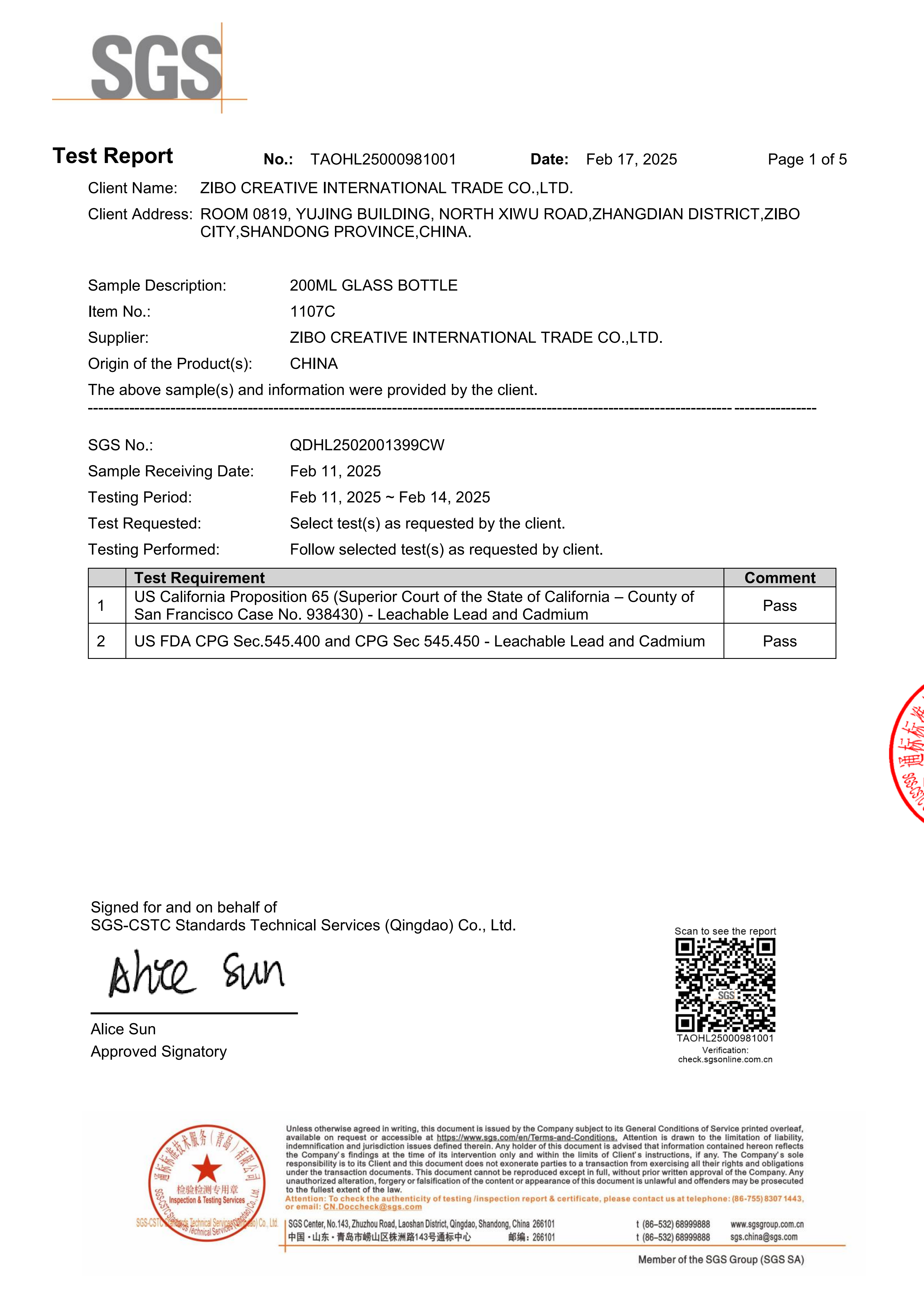 Zibo Creative International Trade Co., Ltd. Certifications