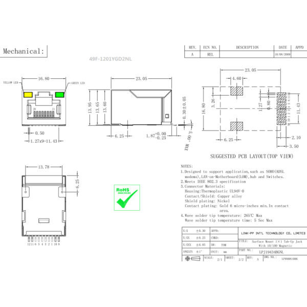 49F-1201YGD2NL LAN interface SMT RJ45 Connector Industrial Modules LPJ19201BGNL