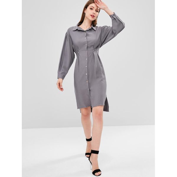 Fall Clothing Womens Midi Double Slit Shirt Dress Long Sleeve