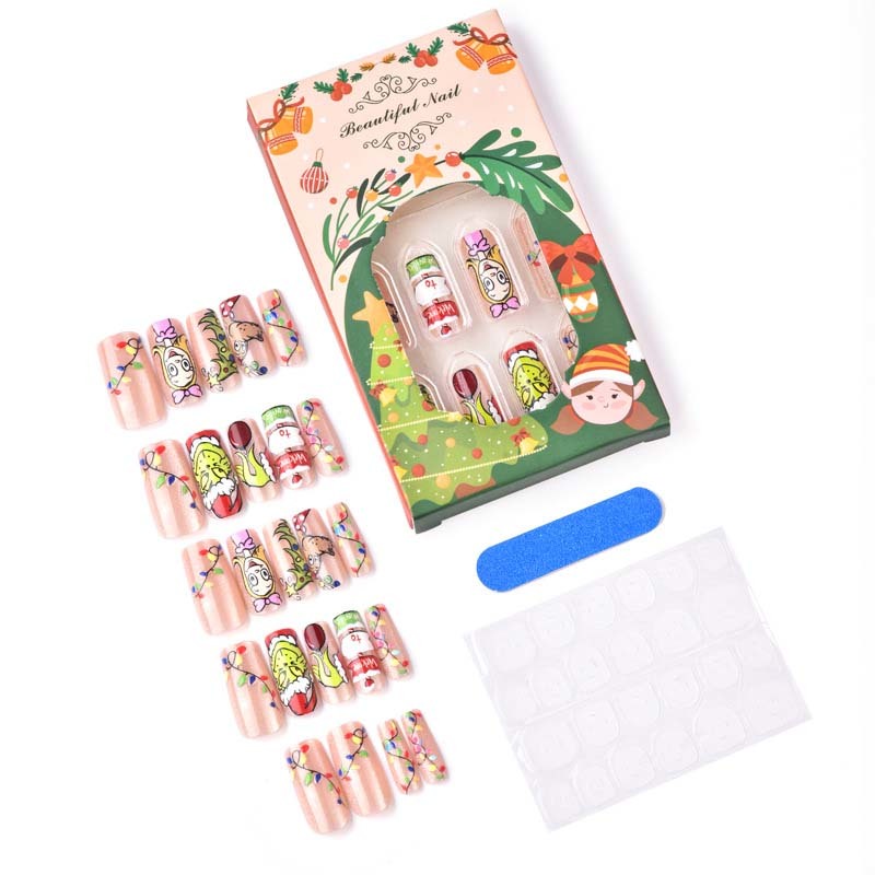 Wholesale Cartoon Grinch Christmas Holiday Fake Nails Short Square Pink Base