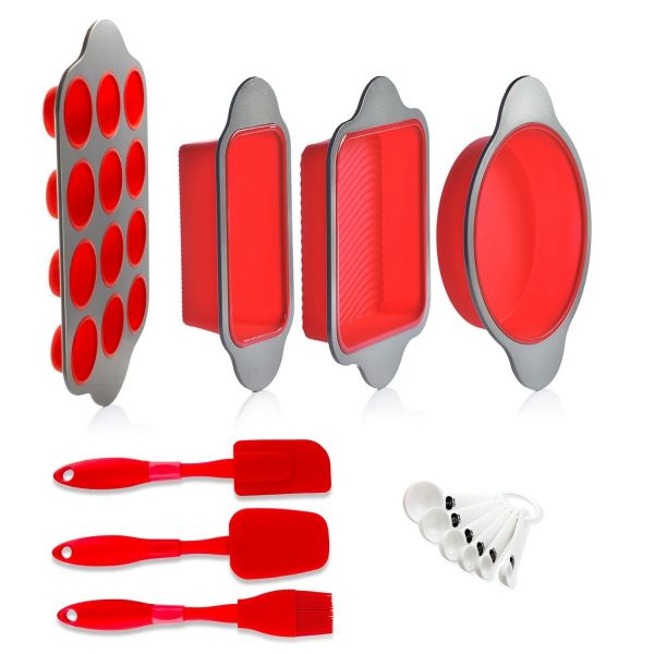 Silicone Baking Molds Pans and Utensils Kitchen | Silicone Cake Brownie Loaf Muffin Mold 2 Spatulas Brush 6 Measuring