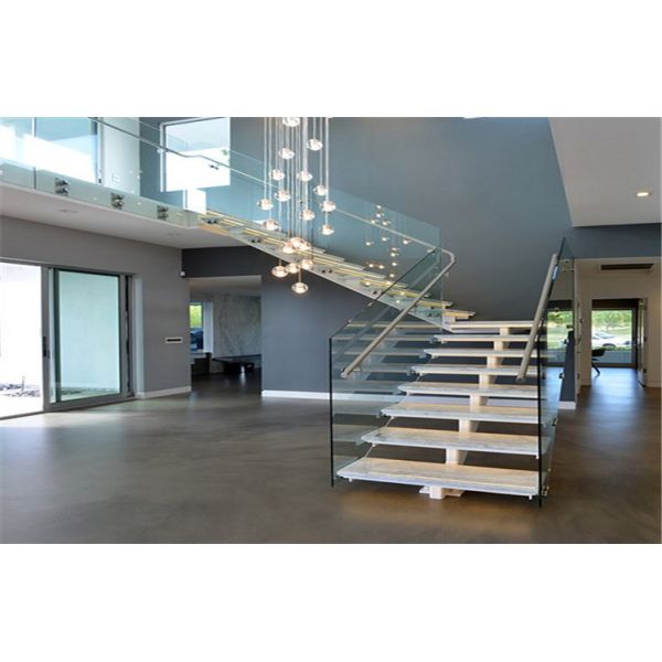 Modern Straight Flight Staircase 12mm Tempered Glass Railing Indoor Decoration