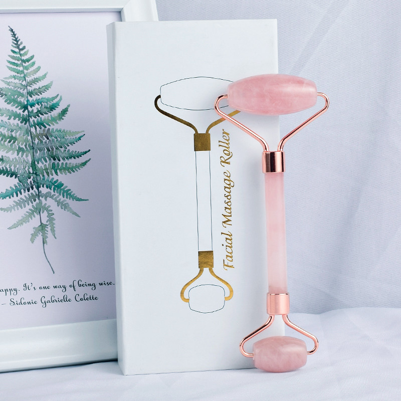 Facial Jade Roller with Double Rollers in Natural Rose Gold Rose Quartz Material