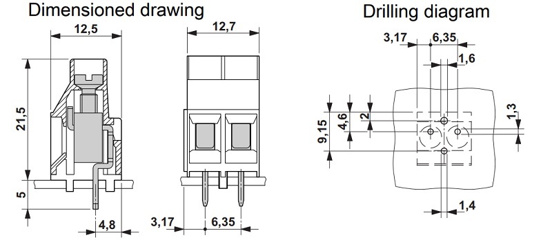 Wire to Board Terminal Block 2 and 3 Position Phoenix MKDS 5/2‑6.35 300V 20A Green